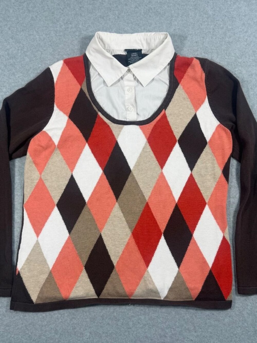 East 5th Women L Argyle Pullover Sweater Red Black Collared